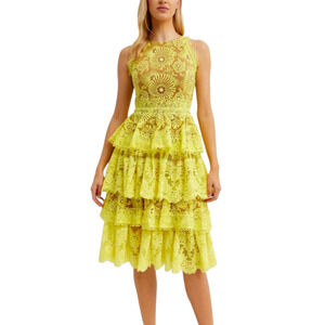 Bronx & Banco Bridget Ruffled Yellow Lace Tiered Midi Dress Nude Lining US10